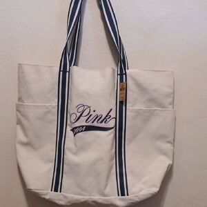 Pink Canvas Tote Bag with Navy Straps